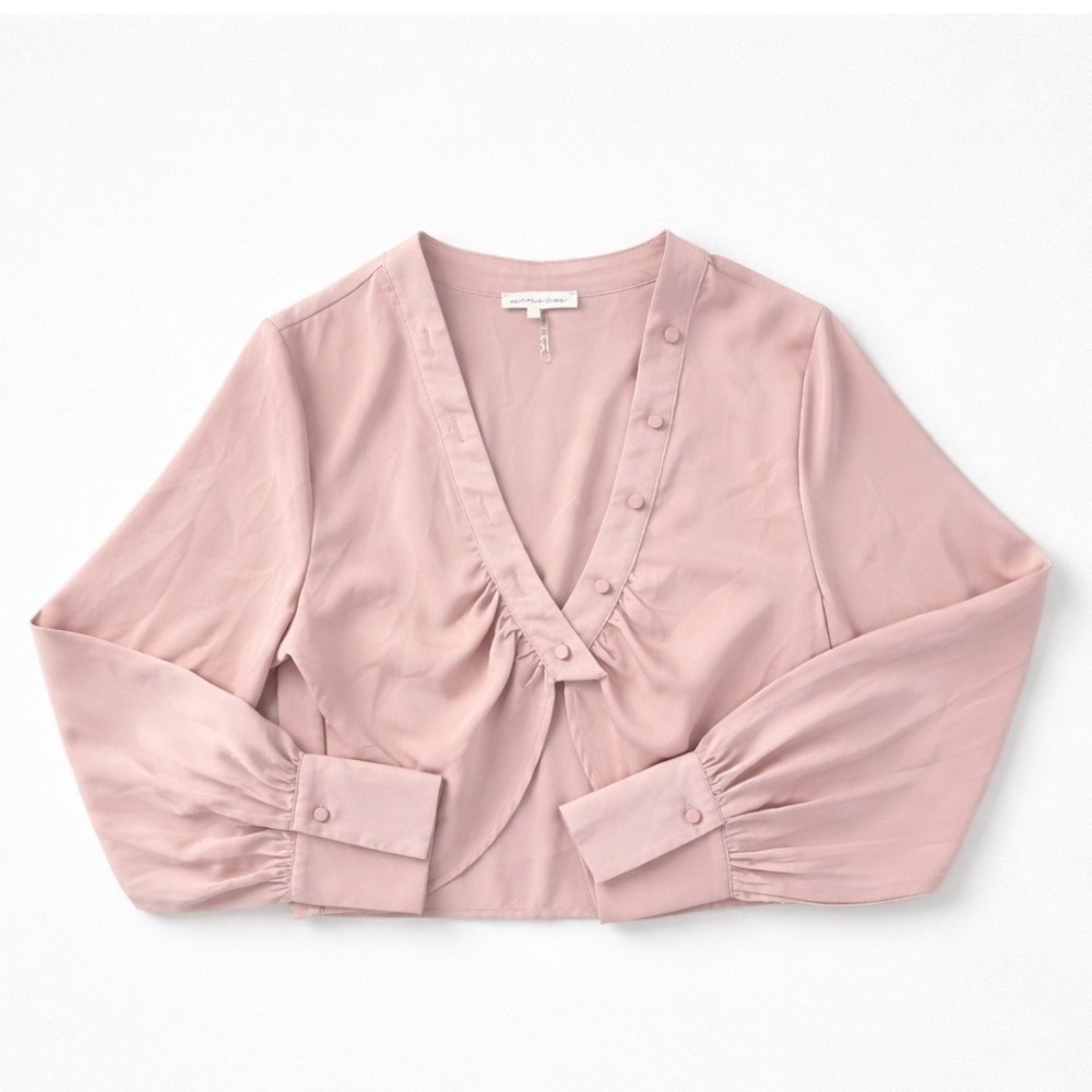 Mimosa Women Sm Blush Pink Crop L/S V-Neck Button Blouse Top Silky Balletcore